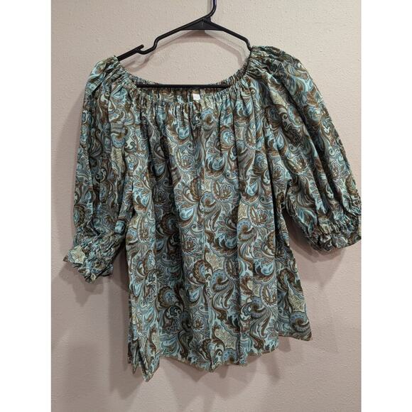 Pretty Paisley teal & brown peasant blouse handmade size approx XL - Picture 1 of 5
